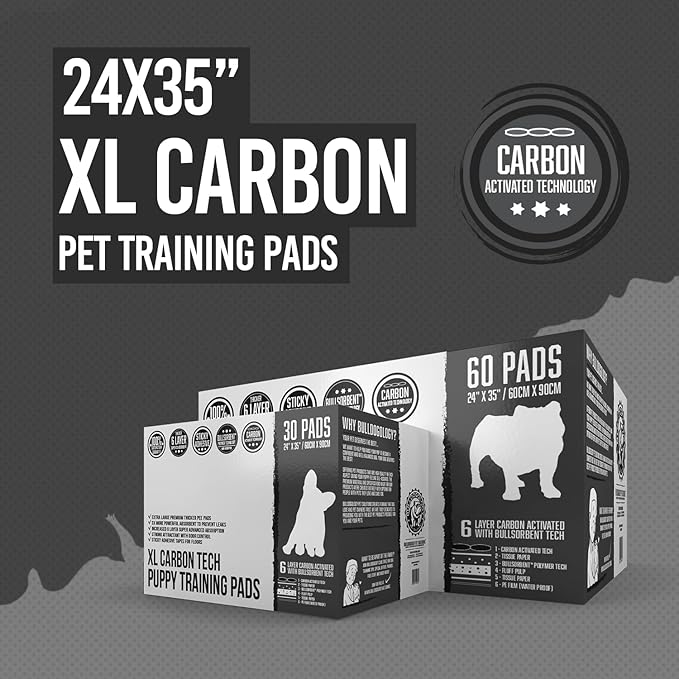 Bulldoglogy Carbon Black Puppy Pee Pads with Adhesive Sticky Tape - Extra Large Charcoal Housebreaking Dog Training Wee Pads (24x35) (60-Count, Black)