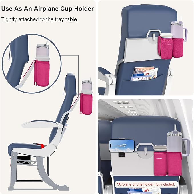 2 in 1 Luggage Cup Holder for Suitcase|Airplane Tray Table Carry on Hands Free Drink Carrier for Stanley Tumblers Coffee Beverage Organizer (Pink)