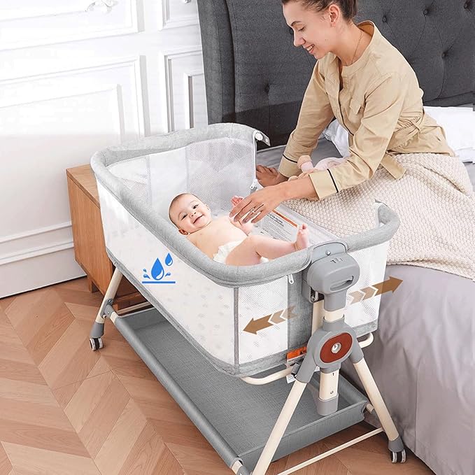 Baby Bassinet,Rocking Bassinet with Waterproof Sheet,3 in 1 Baby Bassinets Bedside Sleeper,6 Height Adjustable Bedside Bassinet for Newborn(Grey)