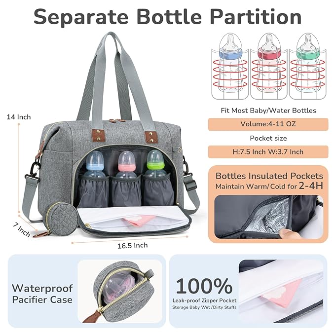 Diaper Bag Tote, Baby Bag Travel Diaper Tote Bag with Pacifier Case, Cute Maternity Hospital Baby Stylish Diaper Tote for Mom Dad Grey