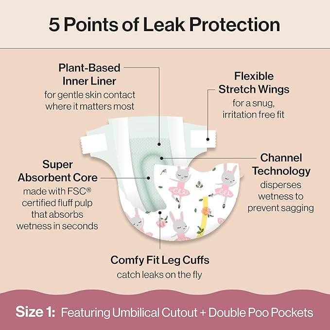 The Honest Company Clean Conscious Diapers for Delicate Skin | Up to 100% Leakproof | Hypoallergenic, Fragrance Free | Girl Prints | Super Club Box, Size 1 (8-14 lbs), 136 Count (Prints May Vary)