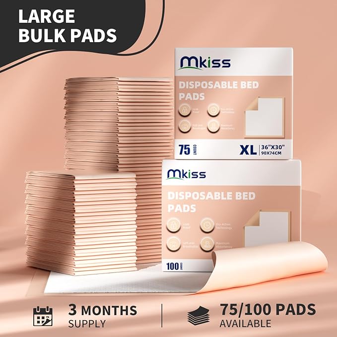 MKISS Bed Pads Disposable [75 Count] Adult Incontinence Underpads 30" x 36" Heavy Duty Absorbent Pee Pad, XL Chucks Leakproof, Extra Large Puppy Training Pad, Waterproof Baby Changing Pad
