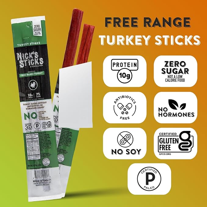 Nick's Sticks Clean & Balanced Free Range Turkey Snack Sticks | Made in the USA | Gluten Free | Paleo, Keto, Whole30 Approved | No Soy, Antibiotics or Hormones (12 – 1.7oz. Packs of 2 Sticks)