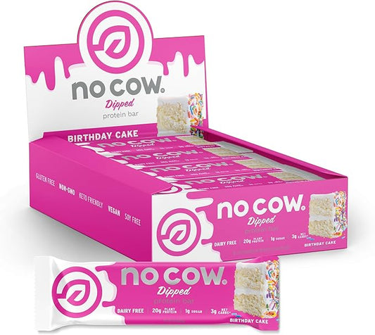 No Cow High Protein Bars, Dipped Birthday Cake - Healthy Snacks, 20g Vegan Protein, High Fiber, Low Sugar, Keto Friendly, Dairy & Gluten Free (12 Count)