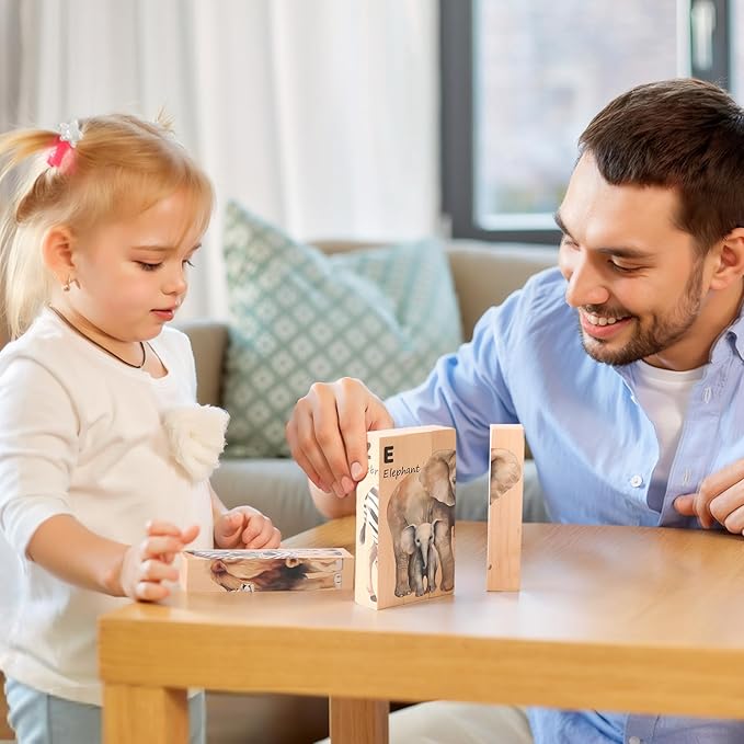 Wooden Safari Animals Learning Puzzle Set, 4-in-1 Block Puzzles for Toddlers 18 Months+, Educational Montessori Toys with Storage Tray