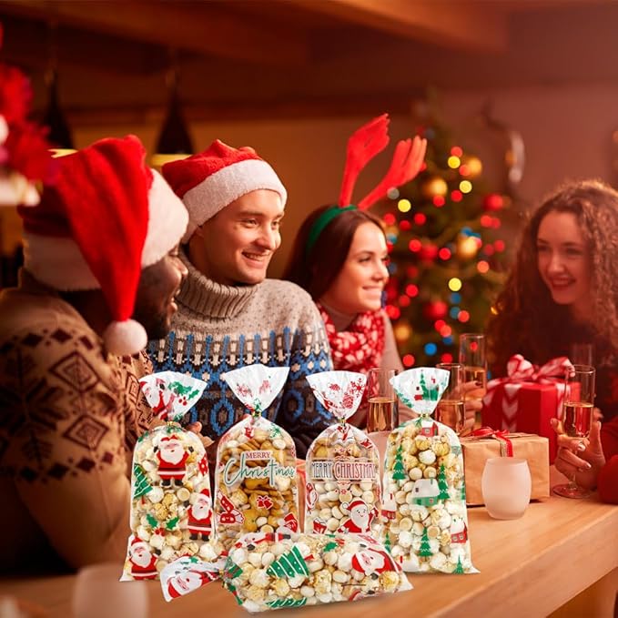 100 PCS Christmas Cellophane Treat Bags(5.1x10.6 Inch) with Ties Plastic Santa Goodie Candy Cookie Loot Gifts Bags Bulk Pouches for Christmas Party Favors Supplies Decorations Holiday Xmas Decor