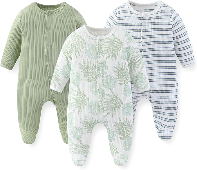 Unisex Baby Boy Girl Footies Rompers Cotton Long Sleeve 3 Pack Infant Jumpsuits 0-12Months Babies' Outfits