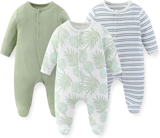 Unisex Baby Boy Girl Footies Rompers Cotton Long Sleeve 3 Pack Infant Jumpsuits 0-12Months Babies' Outfits