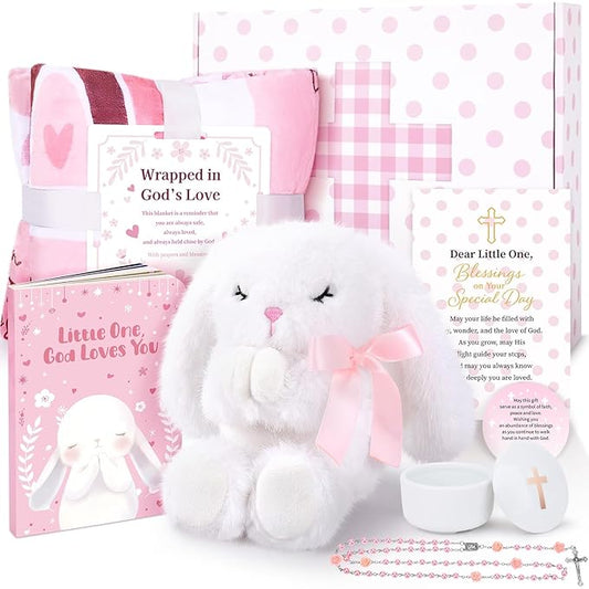 Baptism Gifts for Girl, Christening Gift Set for Baby Girls, Baby Dedication Gift, Includes Bunny Stuffed Animal, First Rosary Beads, Prayer Book, Keepsake Blanket, Catholic Baptism Gift Basket