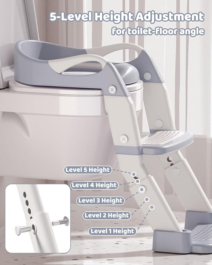 3-in-1 Potty Training Seat & Training Toilet & Potty Chair, Height Adjustable Toddler Toilet Seat for Kids Boys Girls, Foldable Potty Training Toilet with Splash Guard and Anti-Slip Steps (Grey)