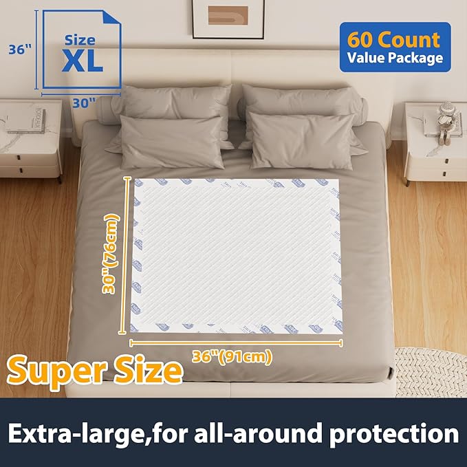 Tear Resistant Disposable Bed Pads Adults Chucks Incontinence Underpads 30"x 36"(60 Count),Large Thicken Premium Waterproof Pee Pads for Elderly,10X Super Absorbency Heavy Duty Puppy Training Pads