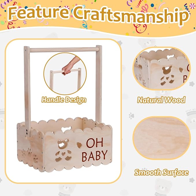 Wooden Baby Shower Crate Closet with Handle,Storage Basket,Baby Clothes Hangers, Newborn Boy Girl Welcome Gift Basket,Easy Assembly Baby Baskets for Baby Shower