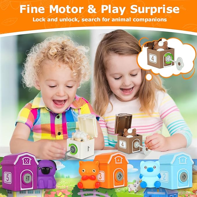 Farm Animal Learning Toys for 2 3 4+ Year Old Toddlers, Counting, Matching & Sorting Montessori Educational Sensory Toys, Playmat, Finger Puppets, Shape Keys and House, Easter Christmas Birthday Gift