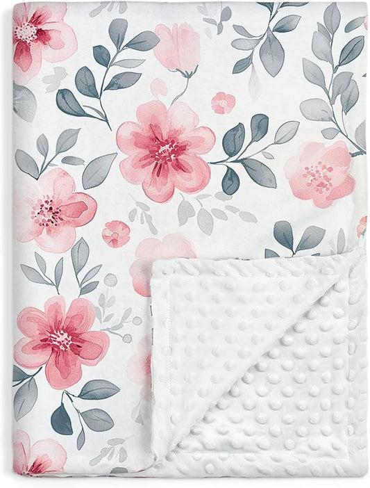 Floral Minky Baby Blanket 30 x 40 Inches for Boys Girls, Soft Plush Receiving Blanket with Dotted Back, Gift for Toddler Newborn Infant Christmas Birthday Baby Shower