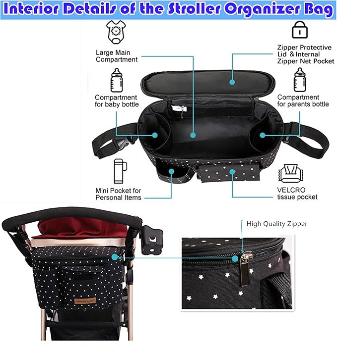 Miracle Baby Stroller Organizer Bag for Mom,Universal Stroller Storage Caddy Diaper Bag- Compatible with Most Stroller - Multifunctional Larg(Gray White Star)