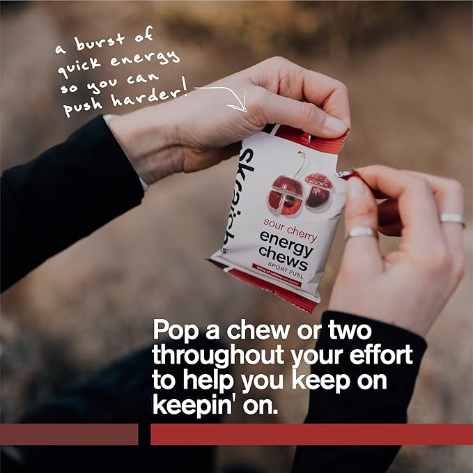 Skratch Labs Energy Chews | Caffeine Gummies for Running, Cycling, and Sports Performance | Gel Alternative | Sour Cherry (10 Pack) | Gluten Free, Vegan