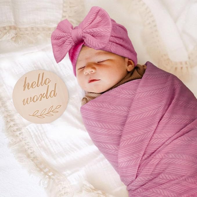 Newborn Receiving Blanket with Bow Hat Mittens Wooden Card Set Wheat-Pattern Newborns Toddler Baby Boy Girl Nursery Swaddle Wrap