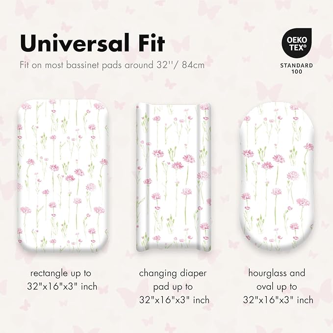 Gllquen Baby Bassinet Sheets 4 Pack, Breathable Cozy Fitted Mattress Sheet, Elastic Travel Crib Fashionable Floral Pattern, Standard Cradle Safe Sheets for Baby Boys Girls 32"x16" (Butterfly)