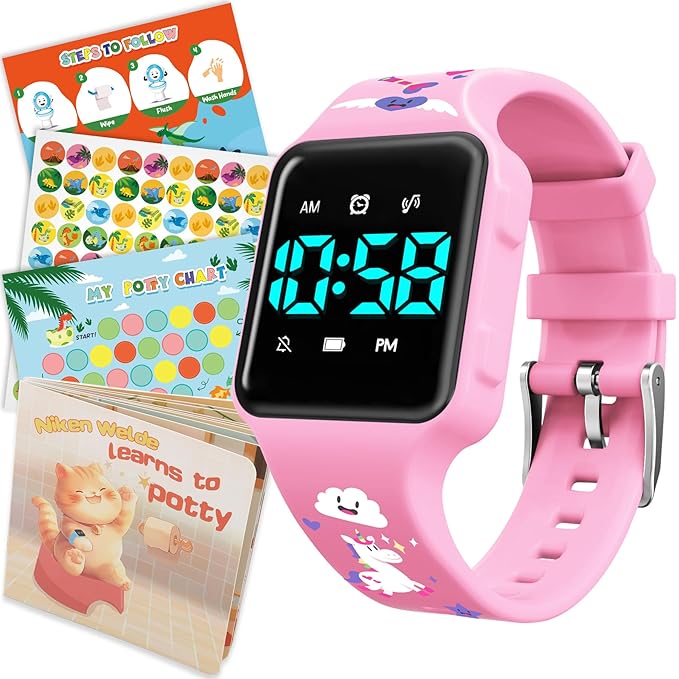 Toddler Potty Training Set – Potty Training Watch with Musical/Vibration Alerts, Fun Board Book, Progress Chart & Reward Stickers – Interactive Toilet Learning Kit for Boys and Girls Ages 2-5