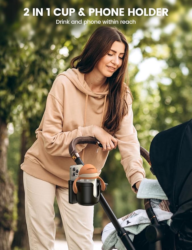 Stroller Cup Holder with Phone Holder - [Upgraded Anti-Slip Grips] [2-in-1] Walker Cup Holder, Wheelchair, Stroller Accessories, Universal Holder for Uppababy, Doona, Nuna, Jogger, Britax, Bugaboo