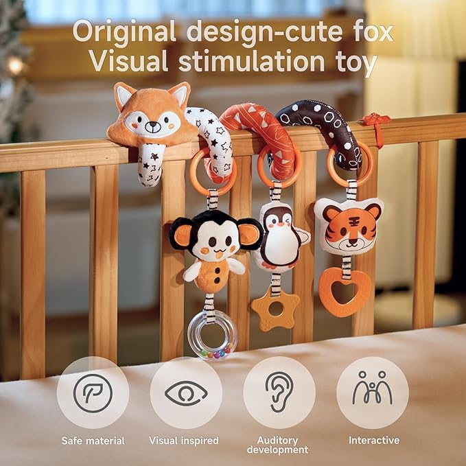 TUMAMA Baby Car Seat Toys, Black and White High Contrast Newborn Infant Hanging Toys, Crib Stroller Spiral Wrap Toys with 3 PCS Animal Rattles, Sensory Toys for 0-12 Months