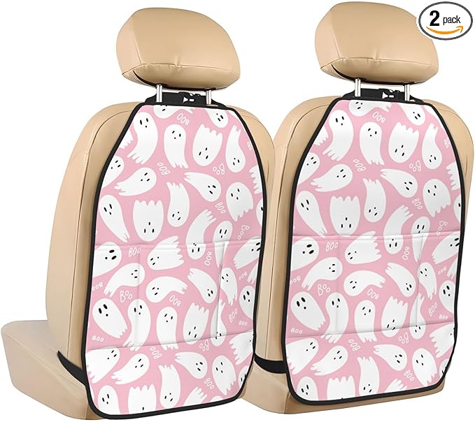 Pink Cute Ghost Car Kick Mats Back Seat Protector 2 Pack Auto Seat Back Covers with 3 Organizer Travel Accessories Universal Vehicle Interior from Dirt, Mud