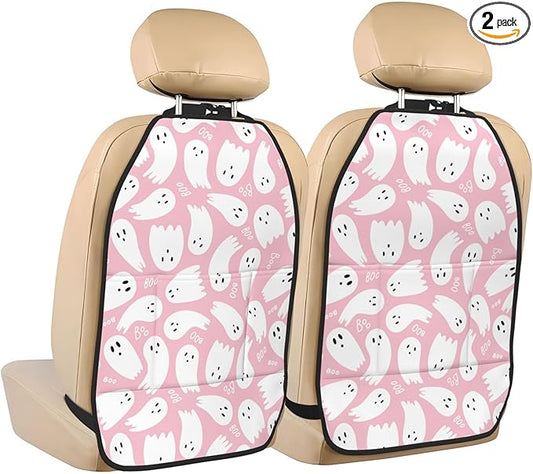 Pink Cute Ghost Car Kick Mats Back Seat Protector 2 Pack Auto Seat Back Covers with 3 Organizer Travel Accessories Universal Vehicle Interior from Dirt, Mud