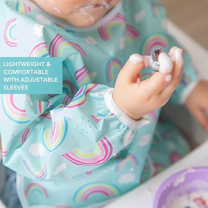 Bumkins Sleeved Bib for Girl or Boy, Baby and Toddler for 6-24 Mos, Essential Must Have for Eating, Feeding, Baby Led Weaning Supplies, Long Sleeve Mess Saving Food Catcher, Soft Fabric, Rainbow Blue