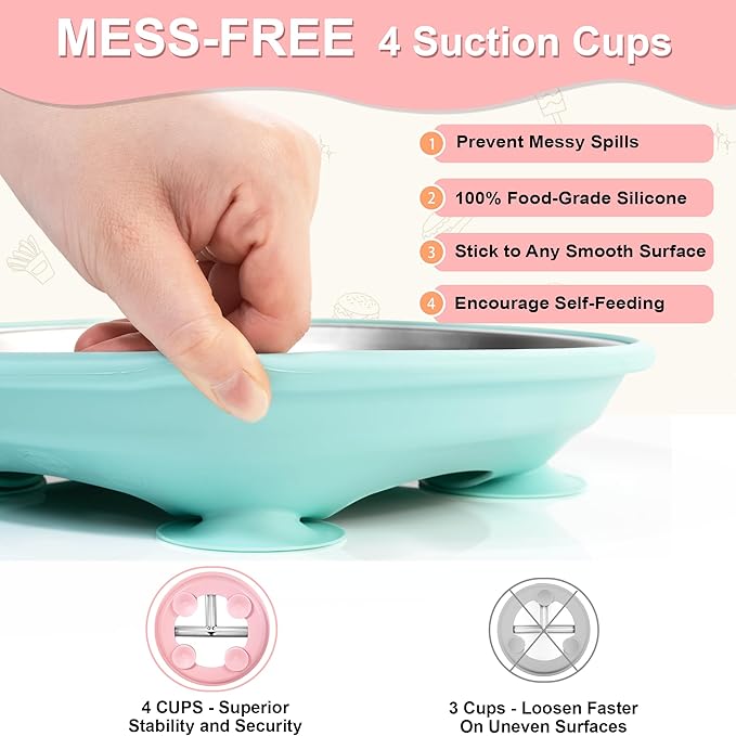 Bella's Friends Stainless Steel Baby Plates with Suction 3 Pack, 9” Divided Toddler Plates with Removable Silicone Sleeves for Mess-Free Feeding, Non-Toxic, Non-Slip, Dishwasher Safe, Beige,Pink,Blue