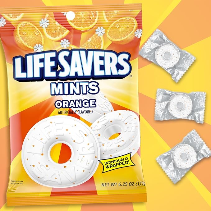 LIFE SAVERS Orange Mints, Individually Wrapped, For Snacking, Sharing, Office Parties, and Pantry Stocking, 6.25 oz (12 Hard Candy Bags)