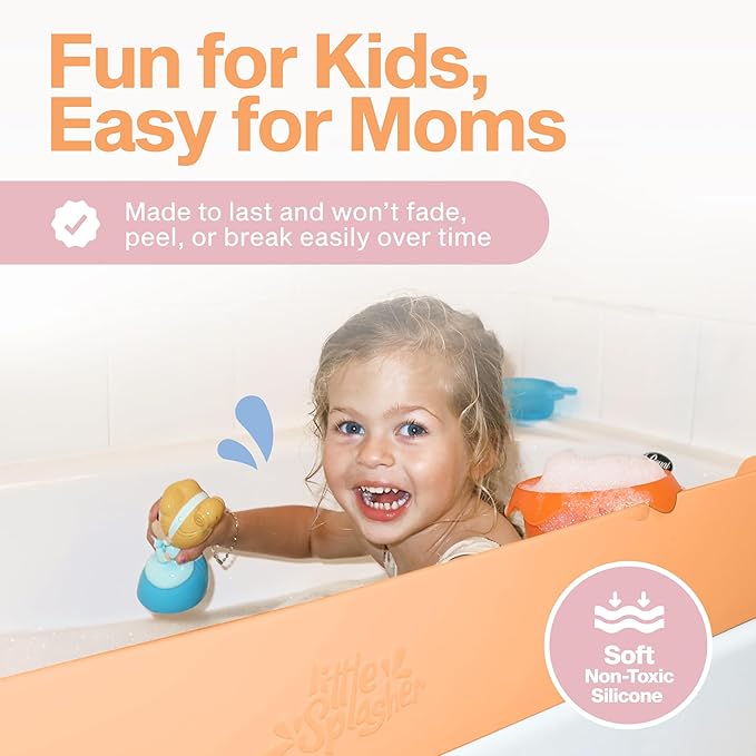 Original Little Splasher PlayPad, Bathtub Splash Guard Play Shelf - Toy Tray Caddy Holder Storage - Suction Cups Attach to Bath Tub - No Mess Water Spill in Bathroom for Toddlers Kids Baby (Orange)