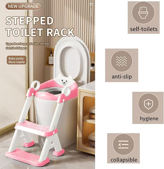 PandaEar Toilet Potty Training Seat with Step Stool Ladder, Comfortable Safe Potty Seat with Anti-Slip Pads Ladder & Bear Design for Kids Boys Toddlers -Pink