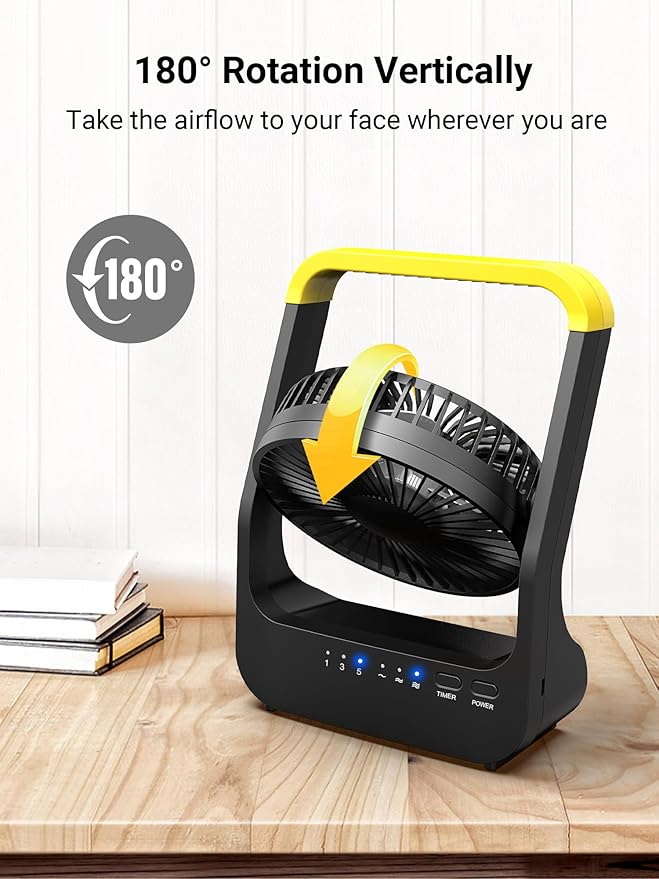 Gazeled Battery Powered Fan, Long Lasting Battery Operated Fans for Camping, Portable D-Cell Desk Fan with Timer, 3 Speeds, Whisper Quiet, 180° Rotation, for Office, Bedroom, Outdoor, 5'', Model: F15