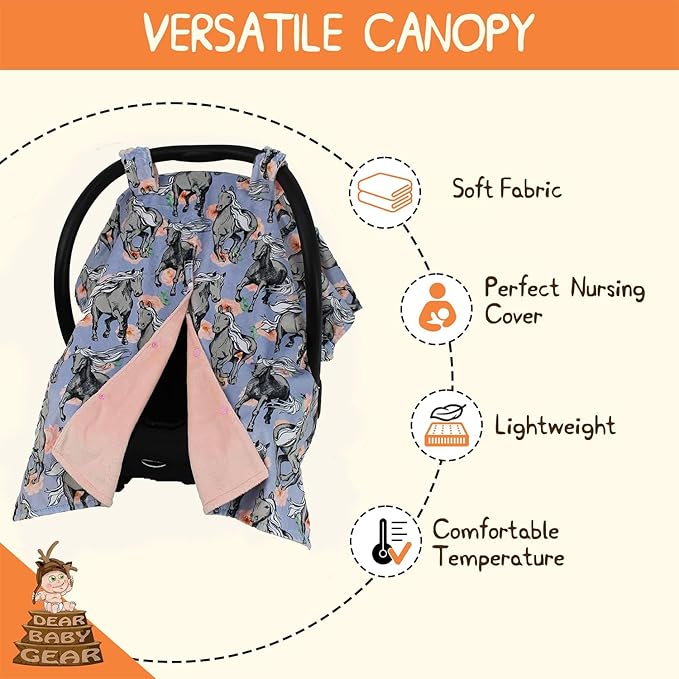 Dear Baby Gear Car Seat Cover for Boys & Girls - Baby Carseat Canopy w/Snap Opening - Infant Seat Cover - Stroller & Nursing Covers - Newborn Carrier Canopy - 40x30(Gray Horses Lavender Pink Floral)