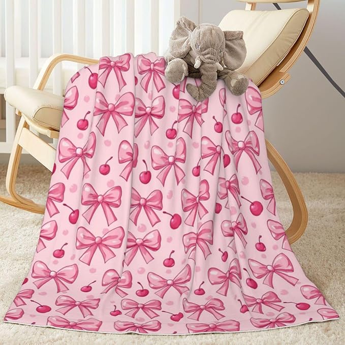 Baby Blanket Pink Bows Cherry for Boy Girl Newborn 30x40 Inch Toddler Infant Nursery Throw Blankets Double Layer Comfy Soft Plush Stroller Crib Quilt