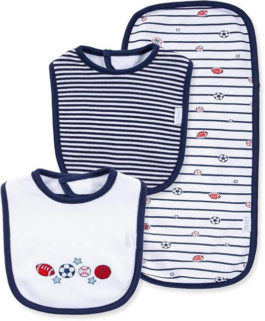 Little Me Clothes for Baby Boys’ and Girls’ 2 Bibs and 1 Burp Cloth Set, Soft Cotton Feeding Essentials with Velcro Closures