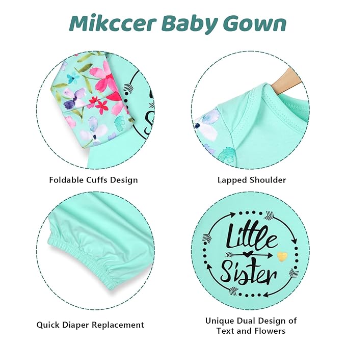 Baby Gown 0-6 Months Newborn, Super Soft Breathable Baby Nightgowns, Little Sister Nightgowns Coming Home Infant Gown with Headband Set Mint Green