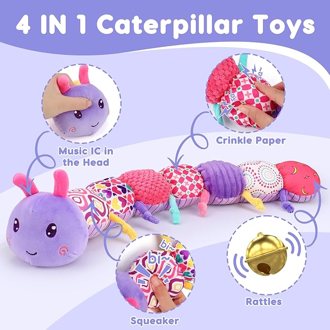 Baby Girl Toys 0-3-6 Months Musical Stuffed Animals Plush Caterpillar Toy with Crinkle Rattles Tummy Time Sensory Learning Toys for Infants 6-9-12 Months Newborn Girls Boys Christmas Shower Gifts