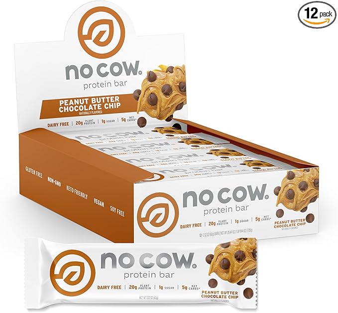 No Cow High Protein Bars, Peanut Butter Chocolate Chip - Healthy Snacks, 20g Vegan Protein, High Fiber, Low Sugar, Dairy & Gluten Free (12 Count)