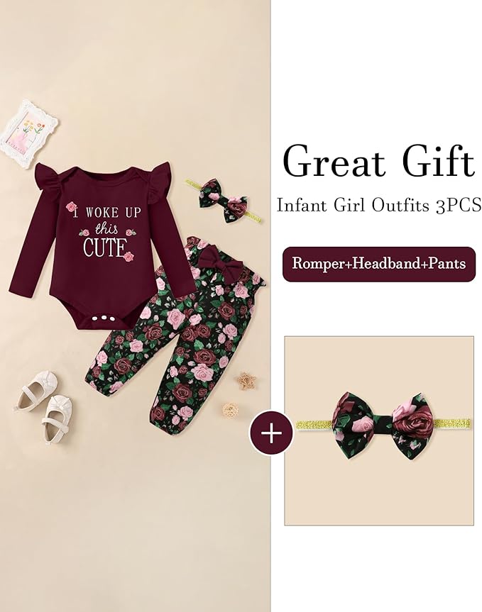 Baby Girl Clothes Newborn Infant Cotton Ruffle Romper+ Floral Pants + Headband Sets Fall Winter Outfits