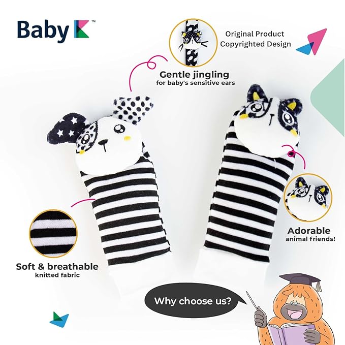BABY K Baby Rattle Socks & Wrist Toys (Set G) - Newborn Toys for Baby Boy or Girl - Brain Development Infant Toys - Hand and Foot Rattles Suitable for 0-3, 3-6, 6-12 Months Babies