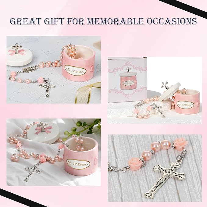Baptism Gifts for Girl My First Pink Rosary Keepsake Box – Catholic Pink Rosary Box for Kids, Christening Baptism Decor for Kids, First Communion Keepsake Set from Godmother, Baby Girl Dedication Gift