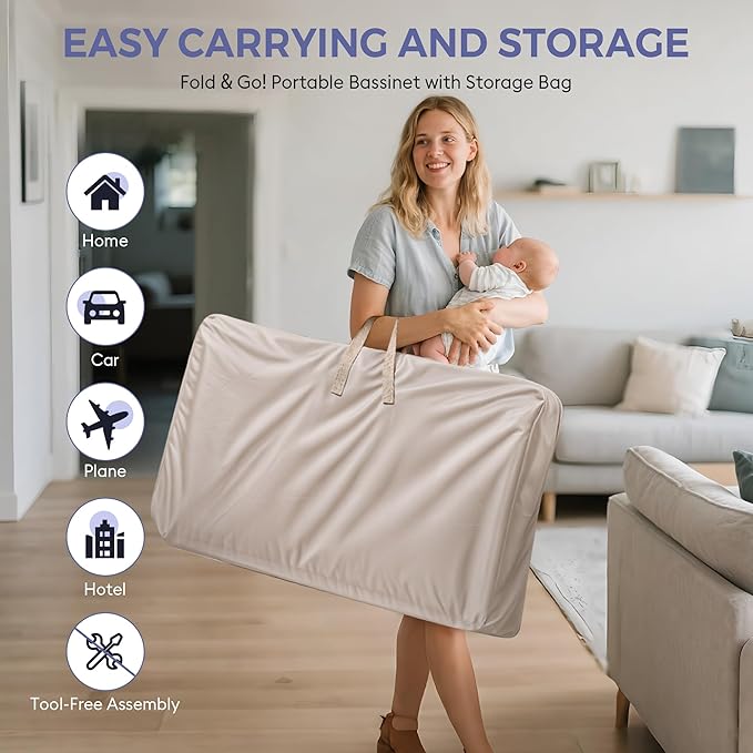 Baby Bassinet Bedside Sleeper, Upgraded Stability Bedside Crib with Full Mesh Sides, Soft Sheet, 6-Height Adjustment, Storage Basket, Easy Folding Portable Bassinet for Newborns, Oatmeal
