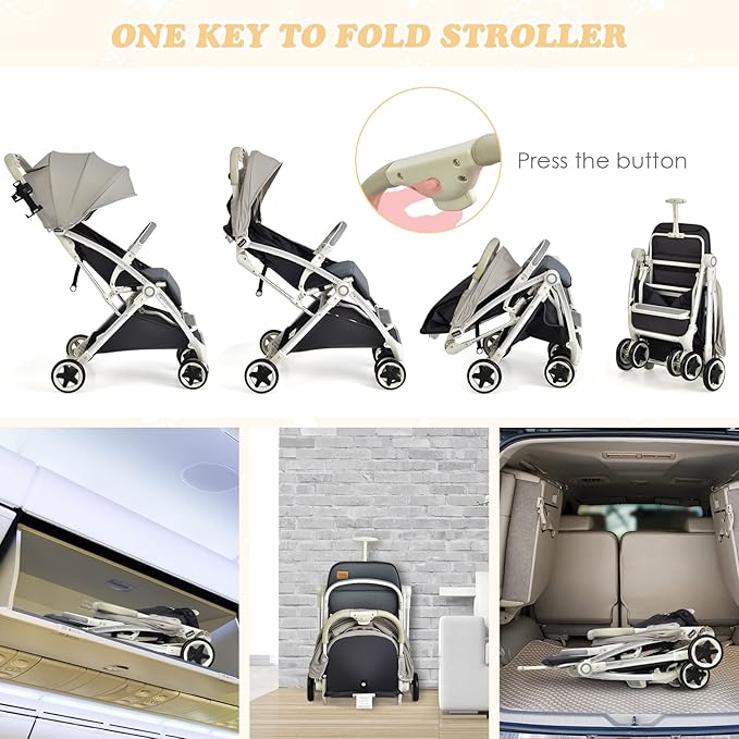 INFANS Lightweight Baby Stroller, Compact with One-Hand Fold, Travel Stroller for Airplane with Cup Holder, 5-Point Harness, Foot Cover, Canopy, Infant for 0-36 Month (Grey)