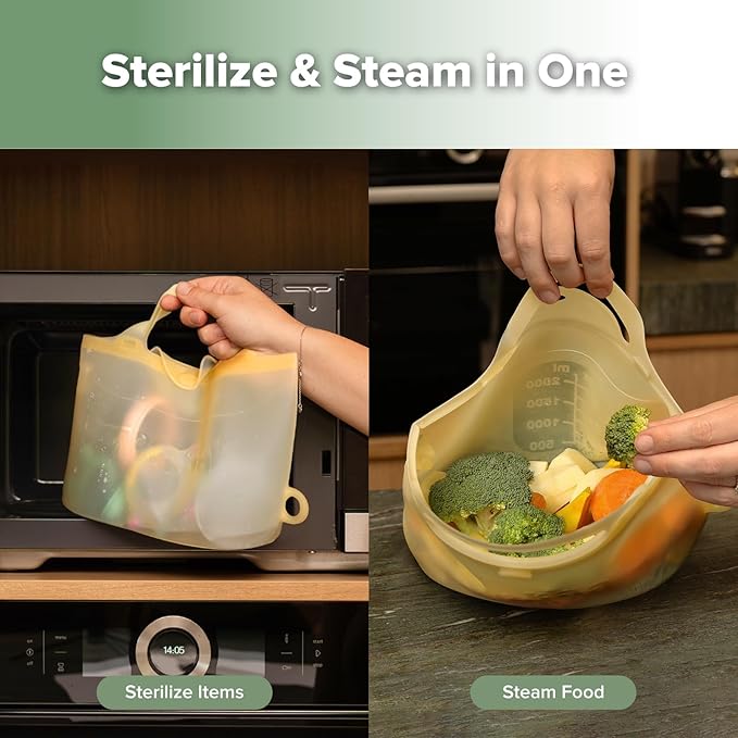 Haakaa Silicone Microwave Steamer & Steriliser Bag,70oz/2000ml Large Capacity Reusable Steaming Bags for Baby Bottles,Breast Pump/Accessories/Pacifiers/Teethers,Great for Home&On-The-Go,Pineapple/2PCS