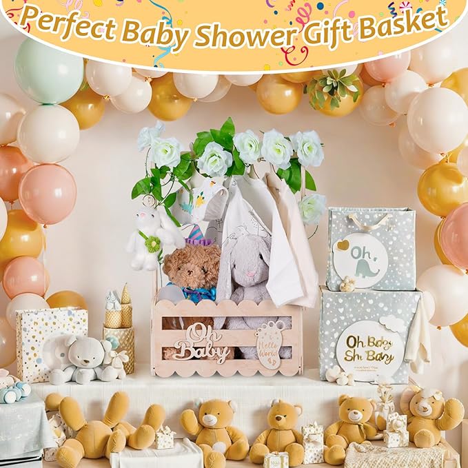 efluky Wooden Baby Shower Crate Closet with Handle,Storage Basket,Baby Clothes Hangers, Newborn Boy Girl Welcome Gift Basket