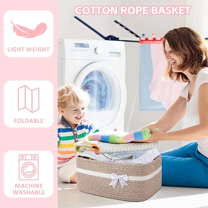 OIAHOMY Large Woven Storage Basket with Handles for Nursery Living Room Shelves, Bow Basket for Gifts Empty with Gift Bags and Ribbons for Baby Showers Pet Toy Bin - Brown & White