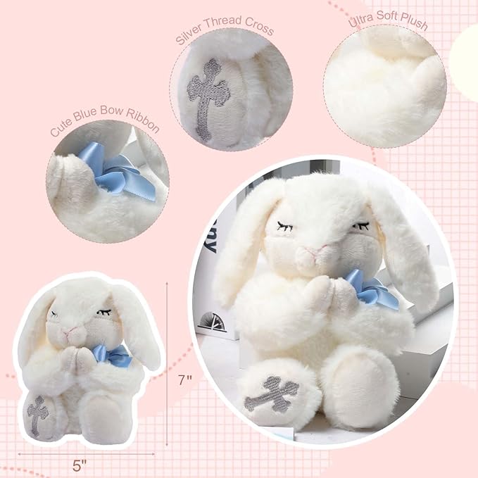 Baptism Gifts for Baby Boys Includes 7'' Plush Praying Musical Bunny and Let's Pray Book, Christening, Dedication and Baptism Gift Set for Boys in Keepsake Box