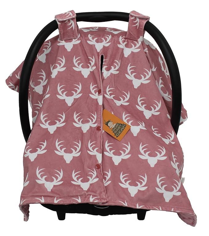 Dear Baby Gear - 40x30 Car Seat Canopy, Infant Carrier Cover for Boys & Girls, Cozy Fall Baby Shower Gift, Nursing & Stroller Use, Newborn Travel Sunshade Accessory, Antlers on Dusty Rose, Pink Dot