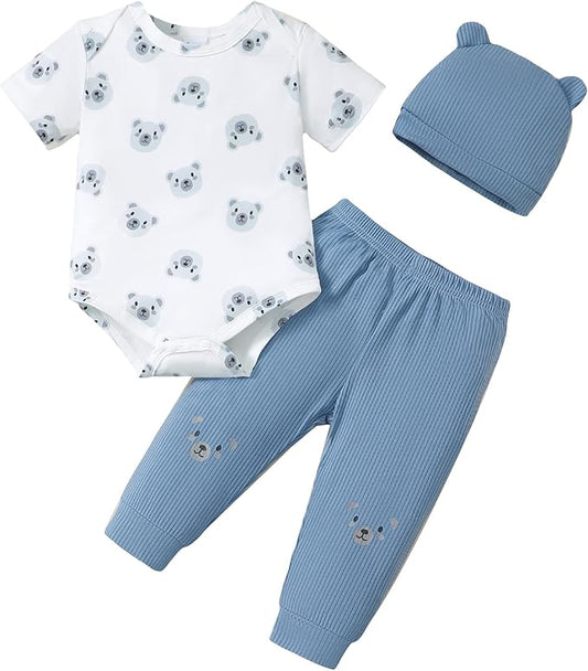 SUNNY PIGGY Baby Boy Clothes Newborn Infant Boys Outfits Romper Hat Pants 3PC Set 0-3 3-6 6-12 12-18 Month Clothing Gift